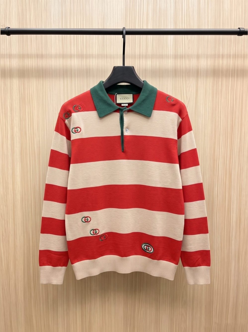 Gucci Red‑White Stripe GG Embroidered Polo Collar Knit Sweater